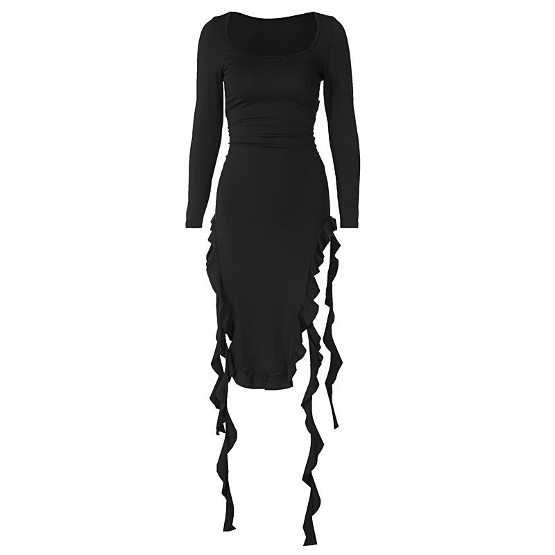 Solid Color U Neck Long Sleeved Slim Fit Stringy Selvedge Dress