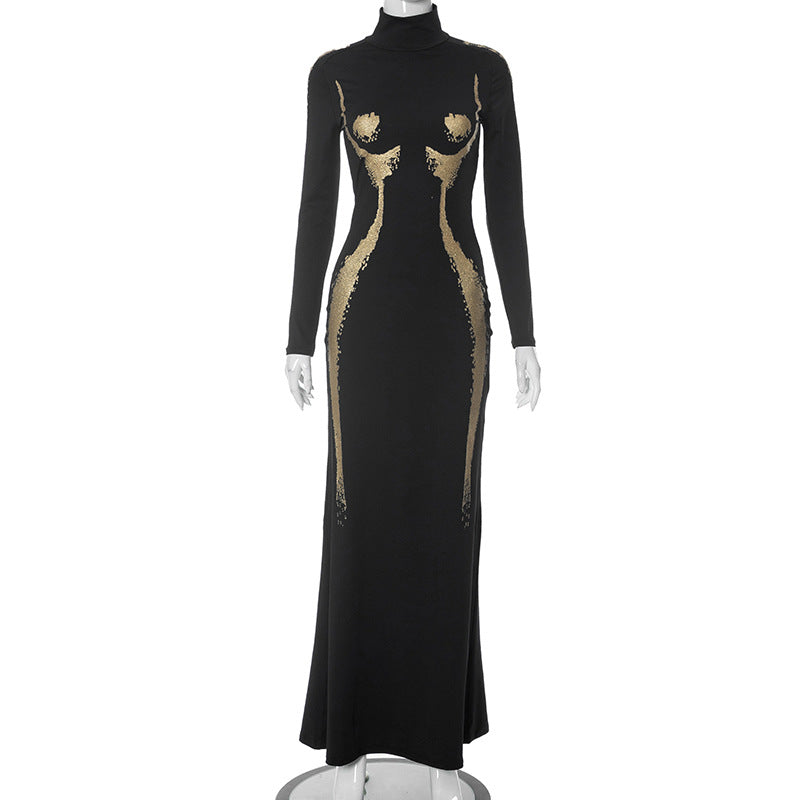 Printed Long Sleeve High Waist Dress