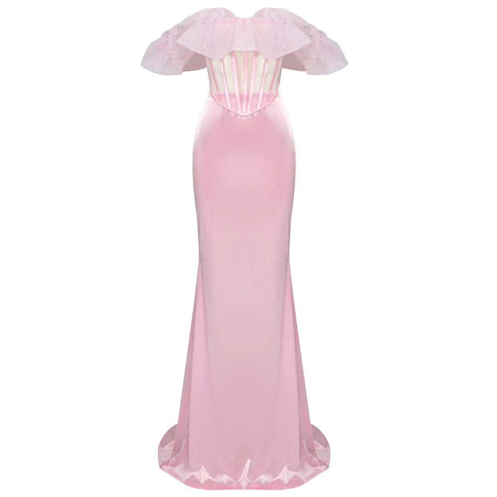 Pink Silver Organza Two Piece Set Backless Mop Vest DressGraceful Suit