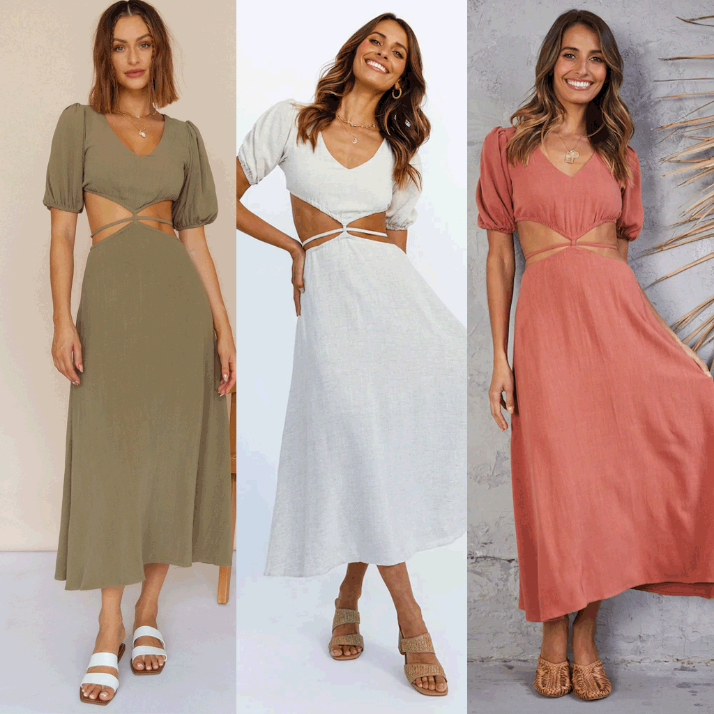 Solid Color High Waist Mid-Length Dress Hollow Out Cutout Hollow Out Cutout Out