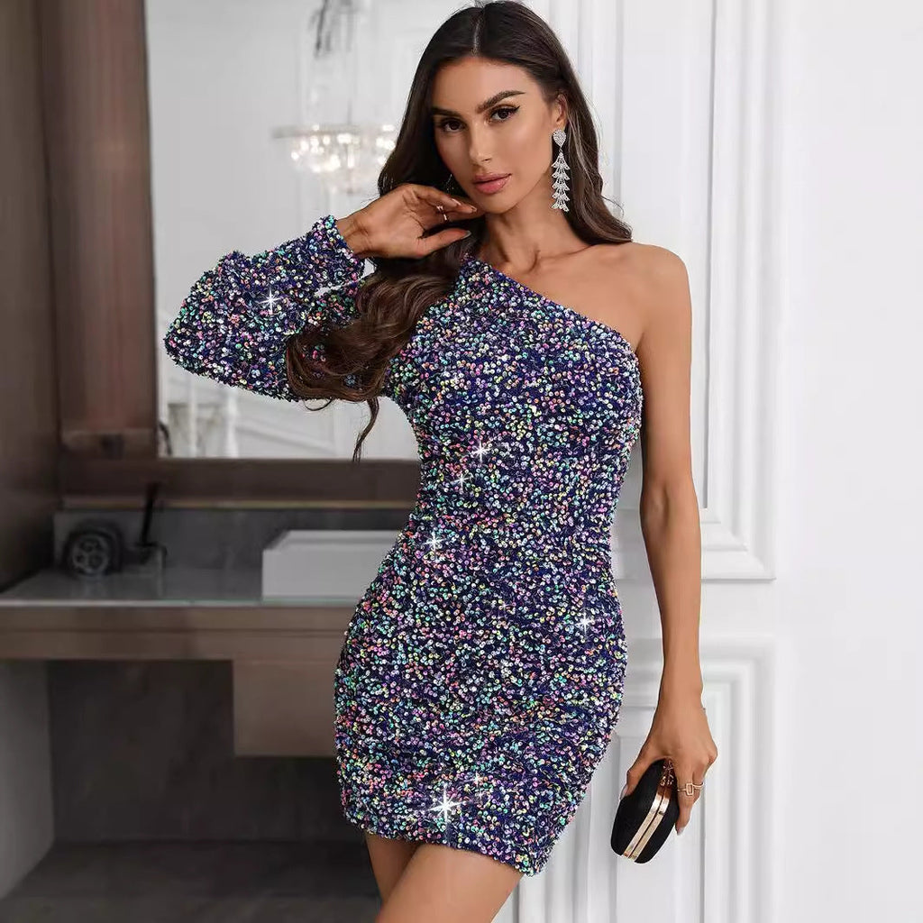 One Shoulder Long Sleeve Sequ Dress Party Dress