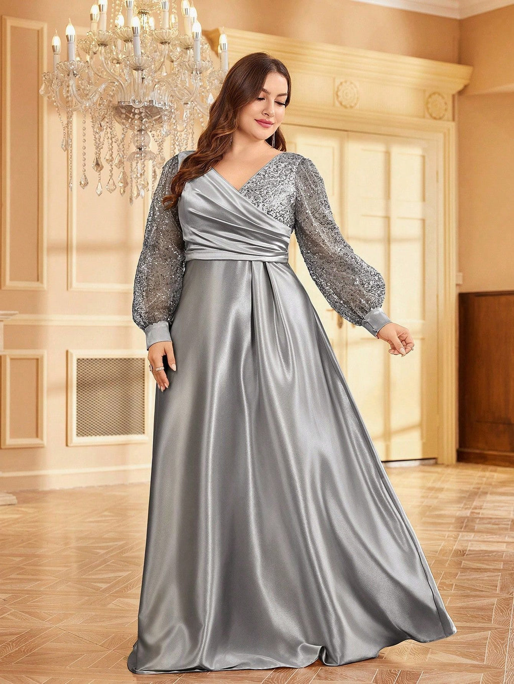 plus Size Satin V neck Long Sleeve Dress Slim Fit Maxi Dress Sequin Cocktail Evening