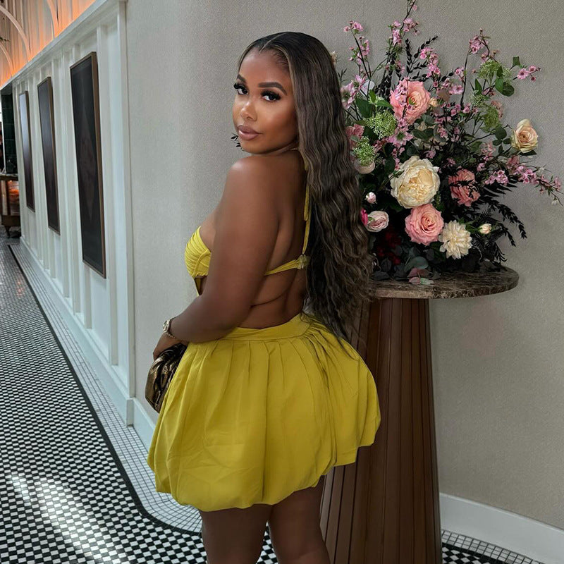 Sweet Fresh Halter Tube Top Backless High Waist Short Dress Puffy dress