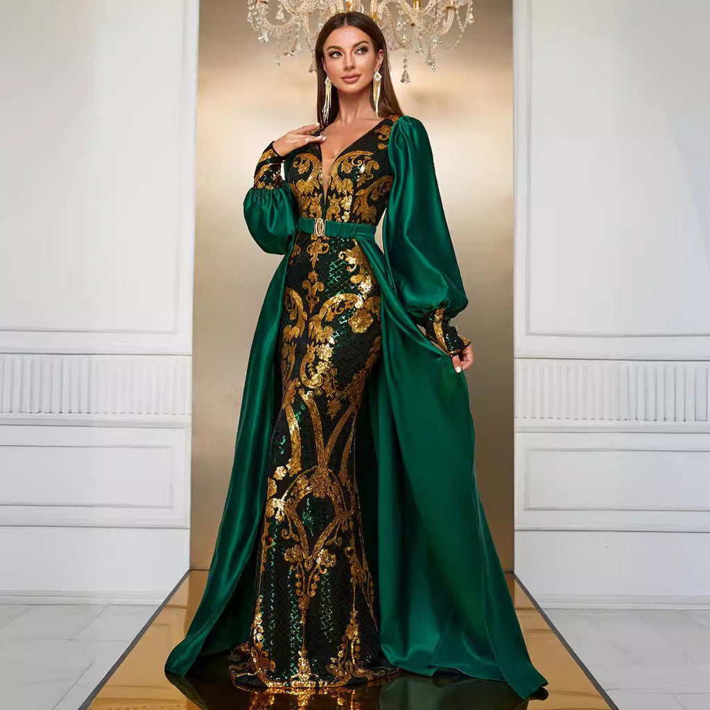 Heavy Industry Dress Sequined Long Sleeve Waist Cloak Party Dress Maxi Dress