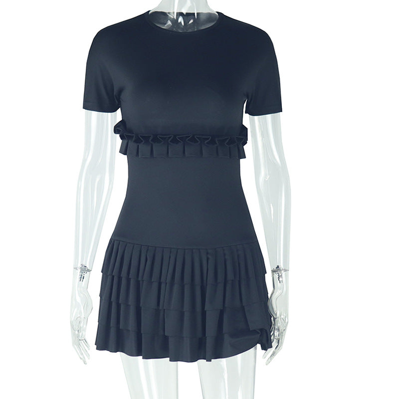 Solid Color Tight Sweet Fresh Pleated Skirt Short Sleeve round Neck Short Dress