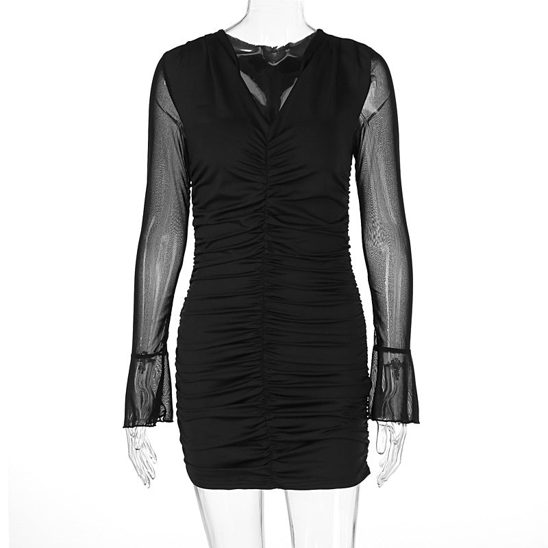 Mesh V neck Pleated Solid Color Long Sleeve Short Dress