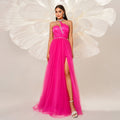 High End Long Cocktail Mesh Large Swing Slit Evening Dress Bridesmaid