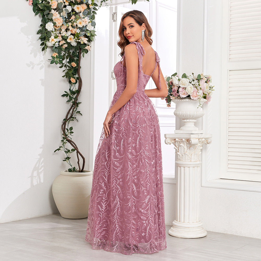 Embroidery Pattern Tied V neck U Back Zipper Large A Hem Full Lining Party Evening Dress