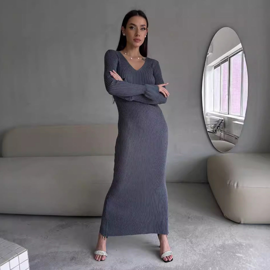 Long Sleeve V neck Tight Knitted Dress Solid Color Rib Fabric Wool Long  Dress