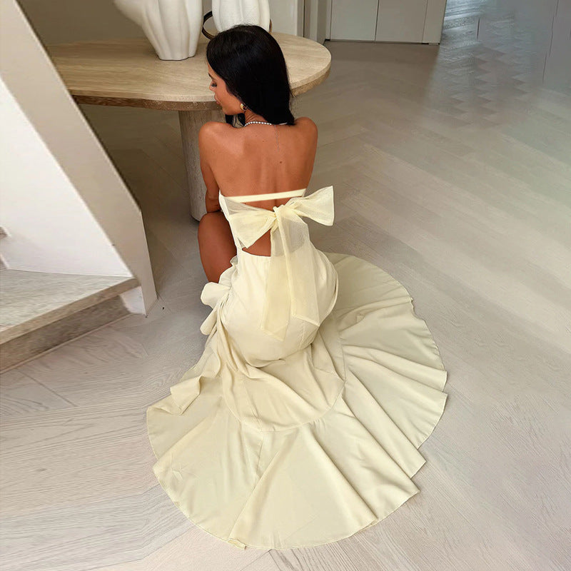 Strapless ruffled slit dress