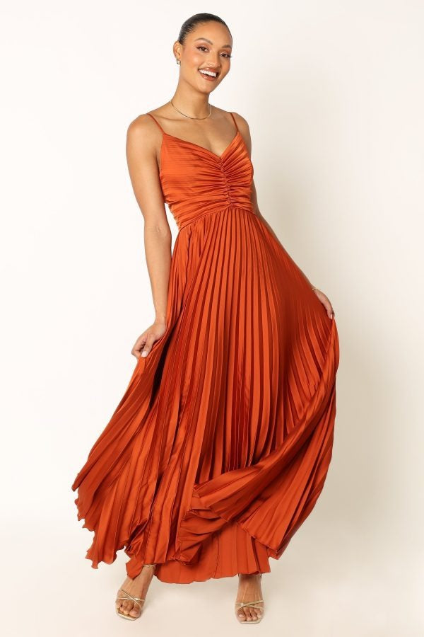 V neck Elegant Graceful Sling Backless Long Pleated Dress