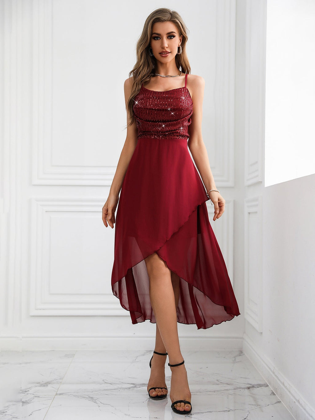 Sequined Suspender Chiffon Patchwork Dress Evening Dress