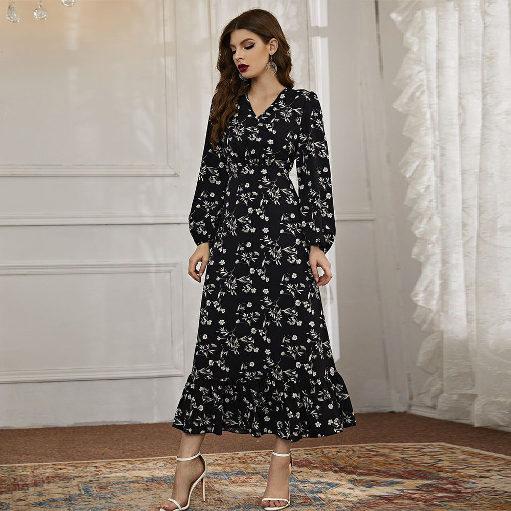 Fall Arrival V neck Small Floral Dress Long Sleeve Black Maxi Dress