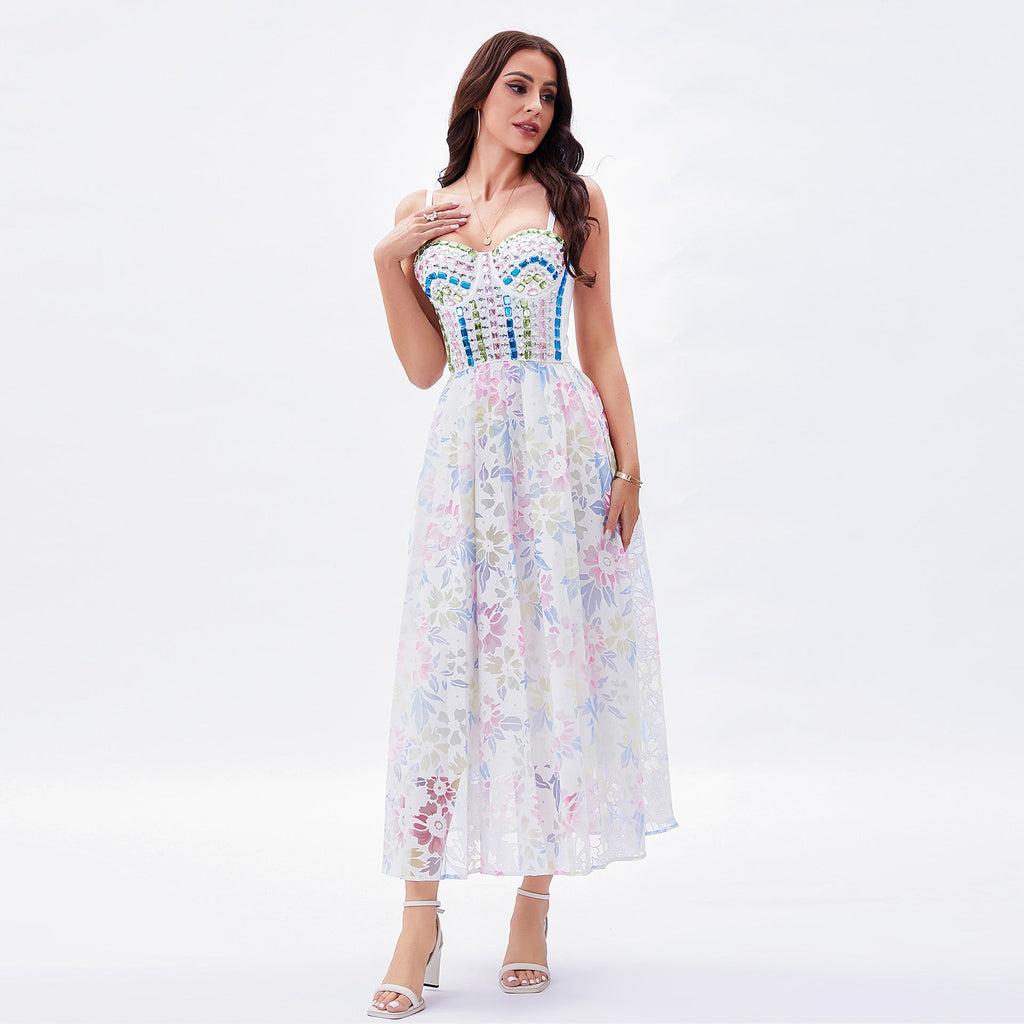 French Romantic Holiday Beaded Strap Tube Top Dress Three Dimensional Floral Fairy Boning Corset Waist Tight Princess Sling Dress