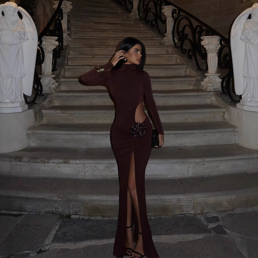 Hollow Out Cutout out Socialite Private Dress Evening Dress Elegant Three Dimensional Floral Turtleneck Dress