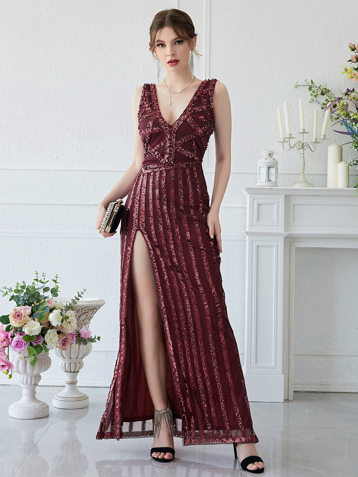 Heavy Industry Manual Beaded Red Maxi Dress Sequined Beaded Maxi Dress Ball Gown
