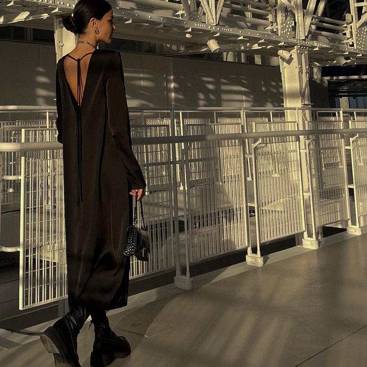Lace up Backless Dress High Sense Show Thin Black Maxi Dress