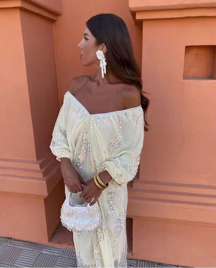 Popular Batwing Sleeve Sequined Deep V Plunge neck Maxi Dress
