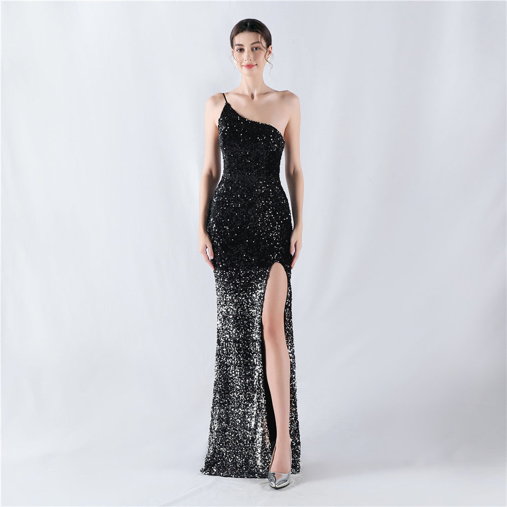 Dress Velvet Bottom Gradient Sequin High Fork Oblique Shoulder Evening Dress
