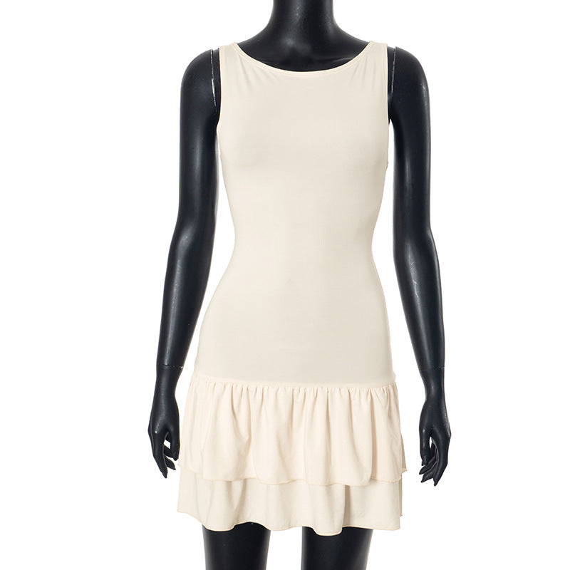Solid Color Sleeveless Slim Fit High Waist Pleated Dress