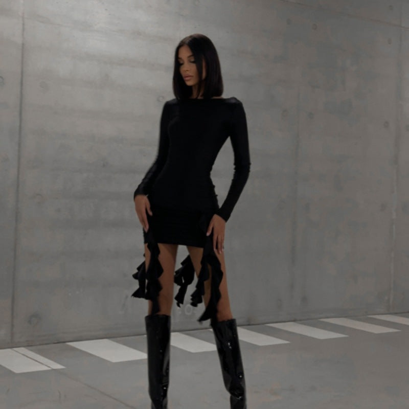 Slim Fit round Neck Long Sleeves Irregular Asymmetric Dress Short Sleeve