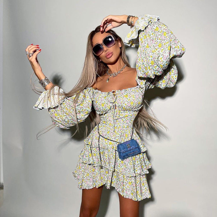 off Neck Long Sleeve Tube Top Printed Floral Dress Petti Dress