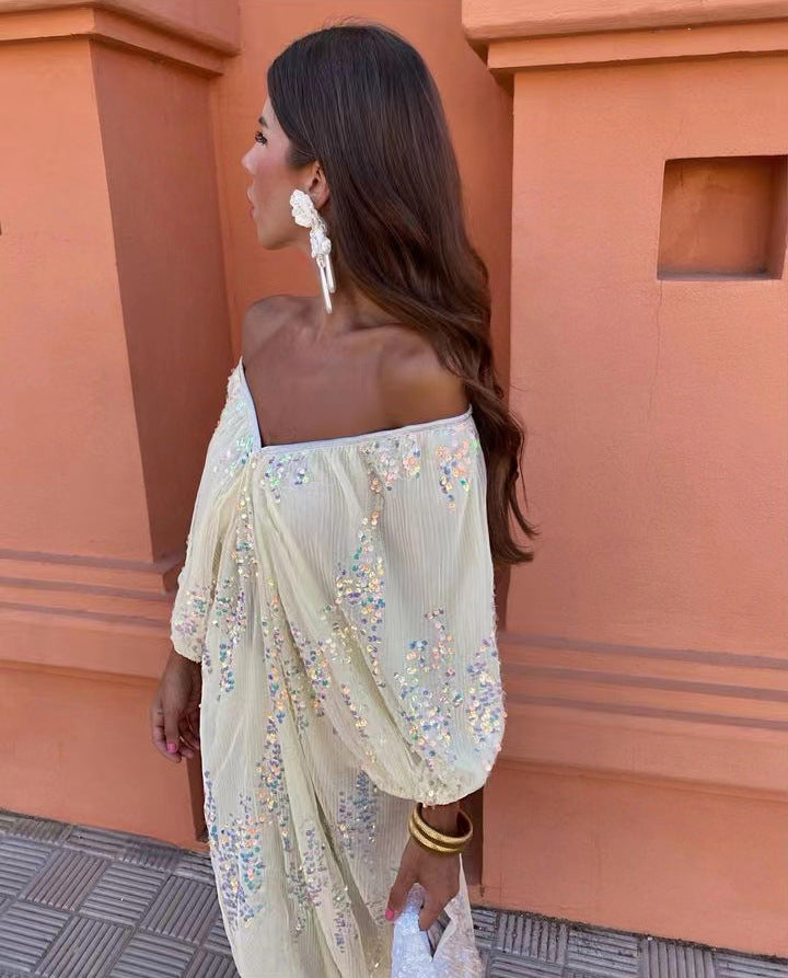 Popular Batwing Sleeve Sequined Deep V Plunge neck Maxi Dress