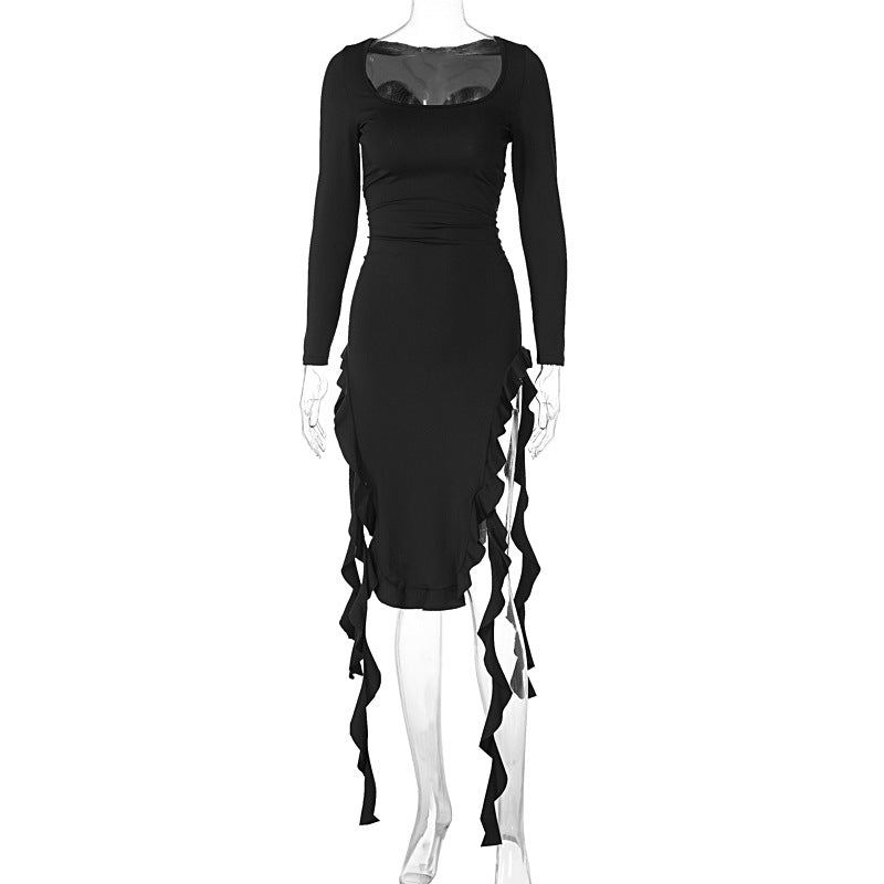 Solid Color U Neck Long Sleeved Slim Fit Stringy Selvedge Dress