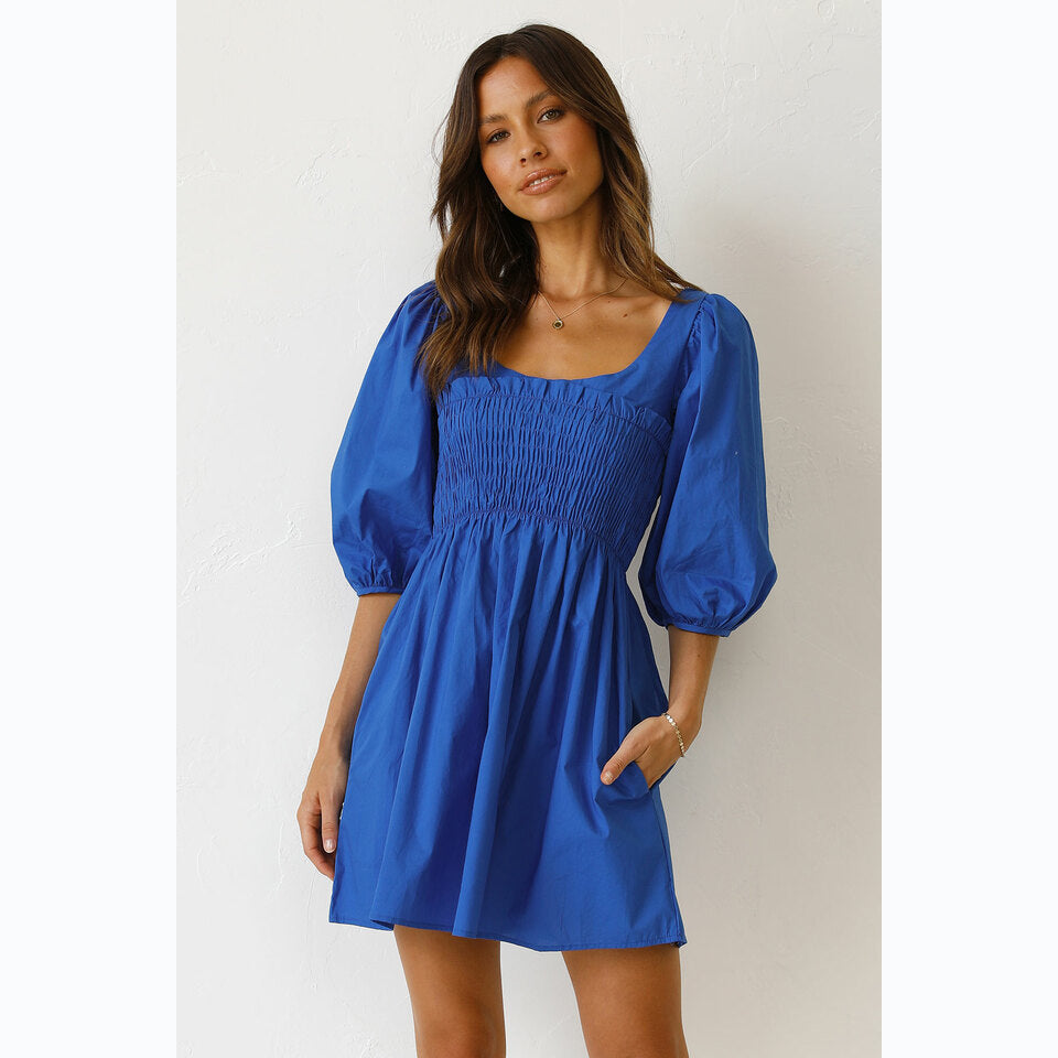 Solid Color U-Collar Tight Waist Fresh Sweet Short Dress