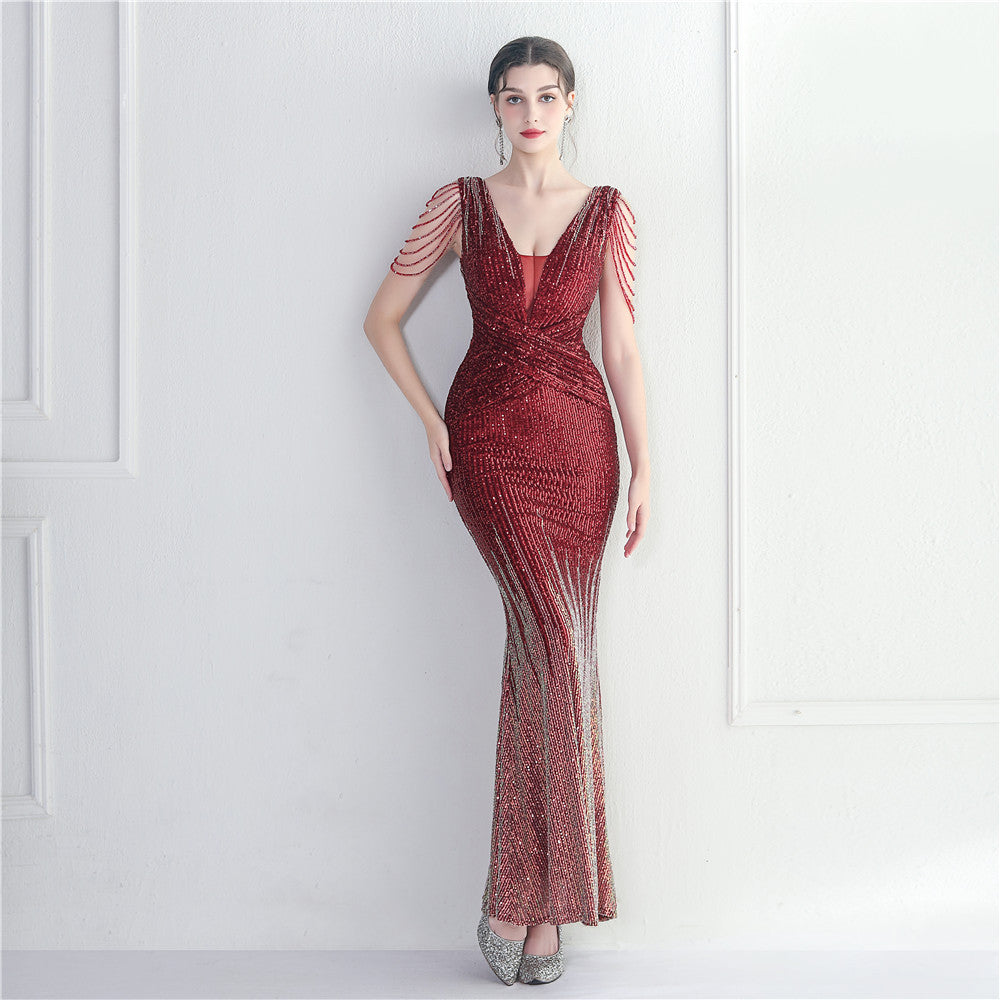 Craft Beaded Sequined Car Model Exhibition Host Dinner Long Evening Dress Fishtail Dress