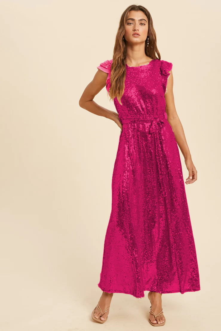 Sequ Dress Sleeveless Belt Round Neck Midi Dress Party Cocktail Dress