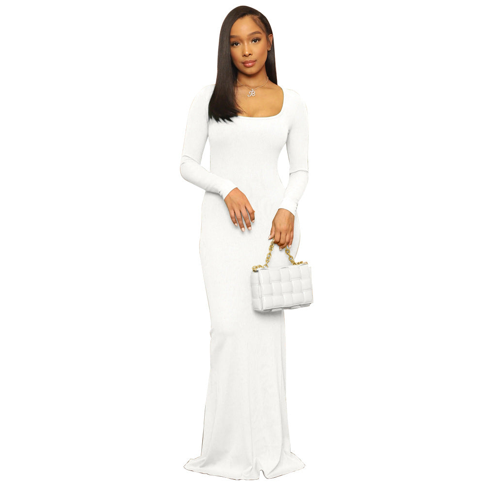 Solid Color High Waist Slim Mop Dinner Fishtail Dress