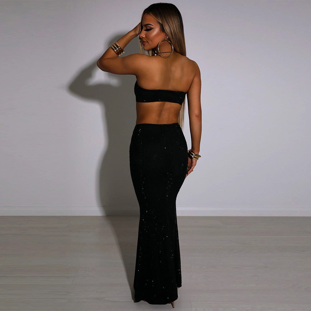Mesh Camisole Vest Cropped Midi Dress Two Piece Vacation Sequined Sets