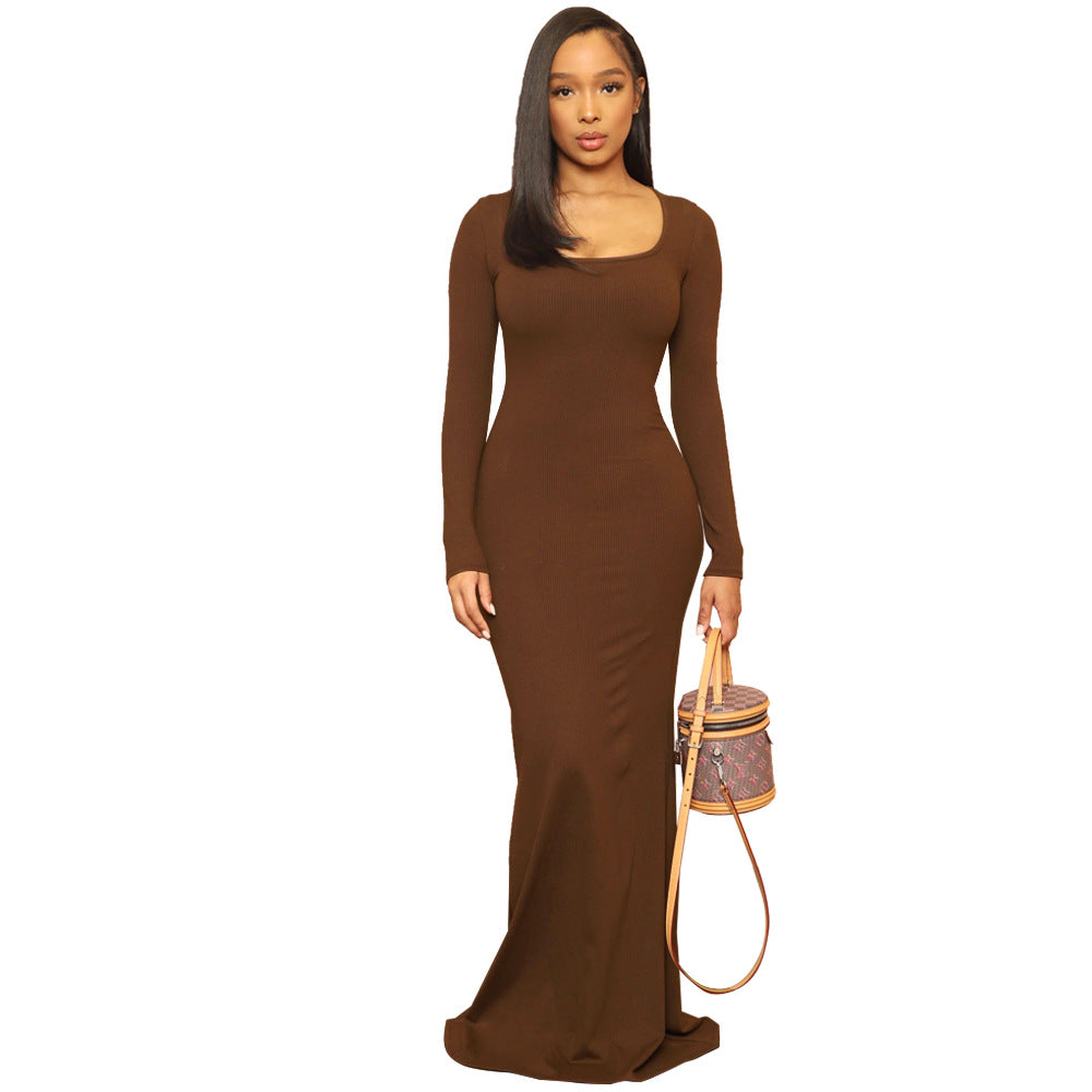 Solid Color High Waist Slim Mop Dinner Fishtail Dress