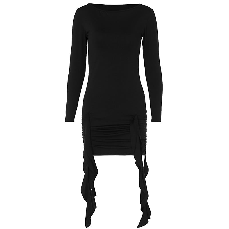 Slim Fit round Neck Long Sleeves Irregular Asymmetric Dress Short Sleeve