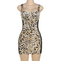 V Collar Contrast Color Leopard Print Waist Tight Slip Dress
