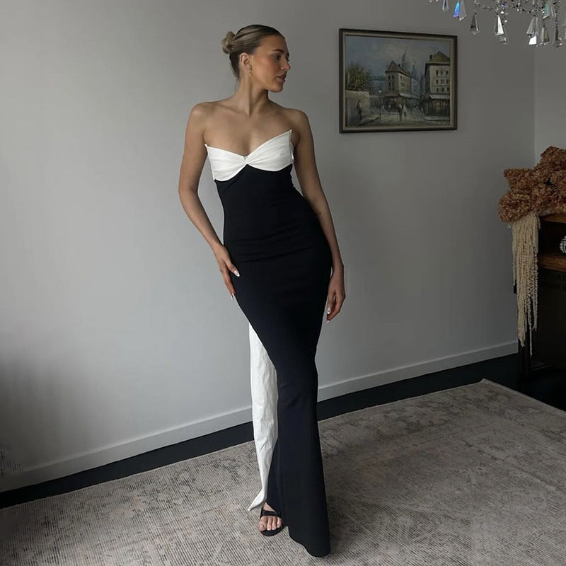Color Contrast Backless Bow Tube Top Ribbon Dress