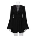 French Puff Sleeve High Waist Dress V Neck Abdomen Control Black Short Dress