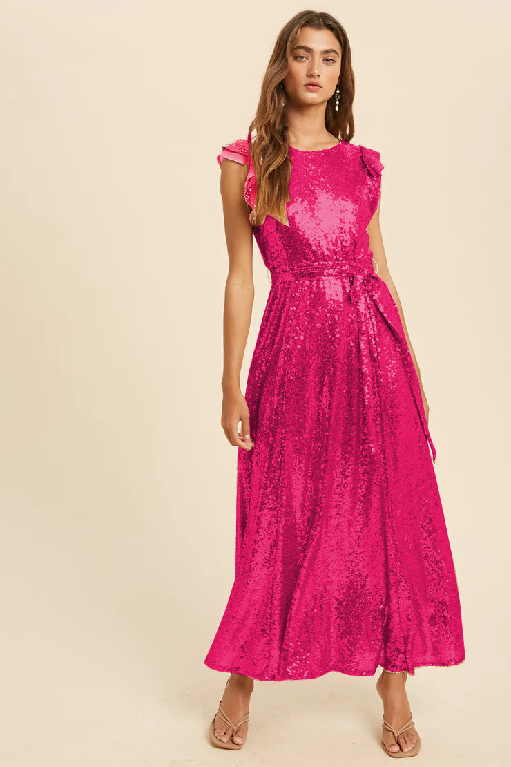 Sequ Dress Sleeveless Belt Round Neck Midi Dress Party Cocktail Dress