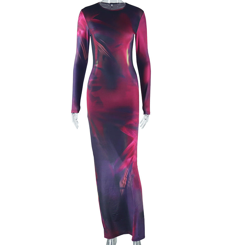 Elegant Printed Long Sleeve Slim Fit One Step Dress Split round Neck Maxi Dress