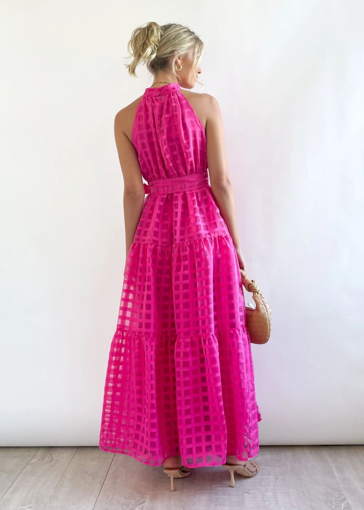 StCollar Solid Color Plaid Retro Maxi Dress Casual Dress for