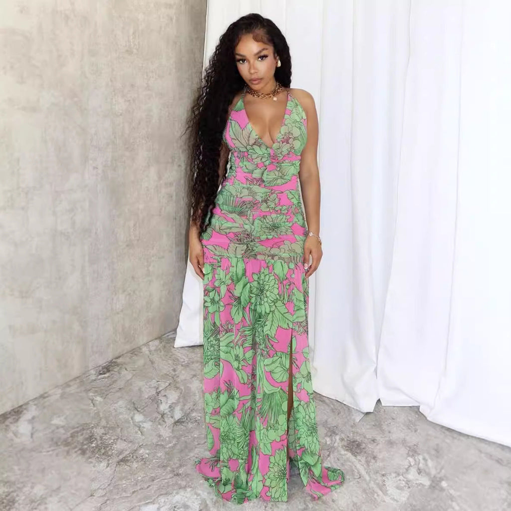 Spaghetti Strap Floral Print Pleating Slit Dress Long