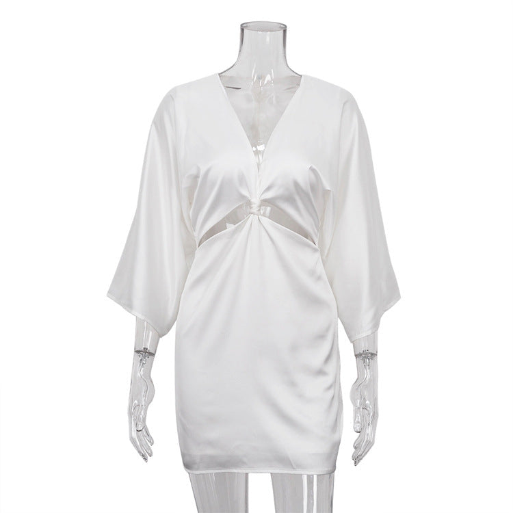 White Satin Deep V neck Hollow Out Cutout Twisted Three Quarter Sleeve Tight Dress