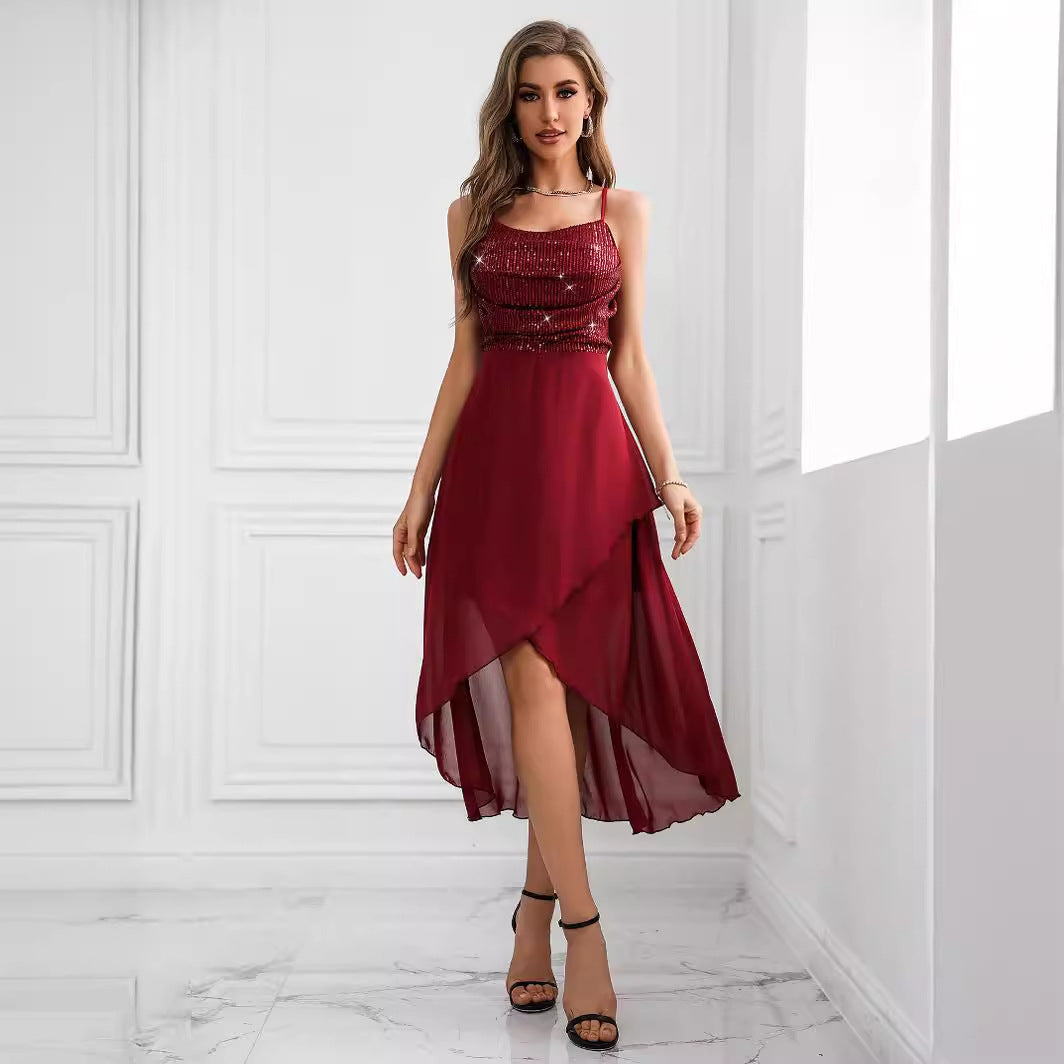 Sequined Suspender Chiffon Patchwork Dress Evening Dress