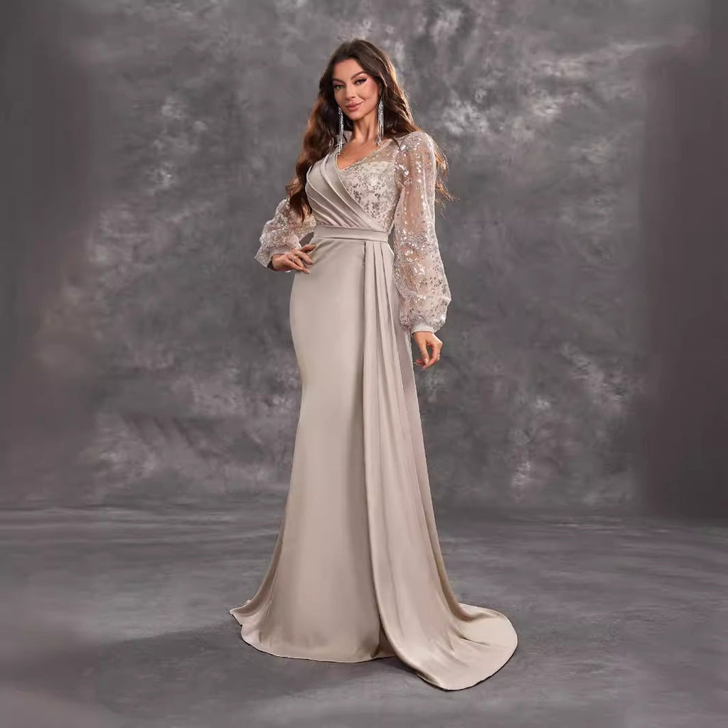 Cocktail Party Evening Dress Sequined Satin V neck Long Sleeve Elegant Evening Gown