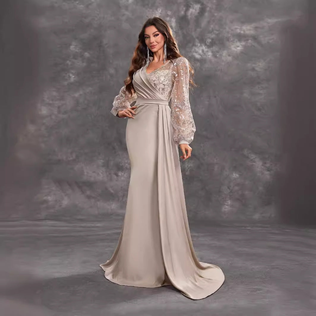 Cocktail Party Evening Dress Sequined Satin V neck Long Sleeve Elegant Evening Gown