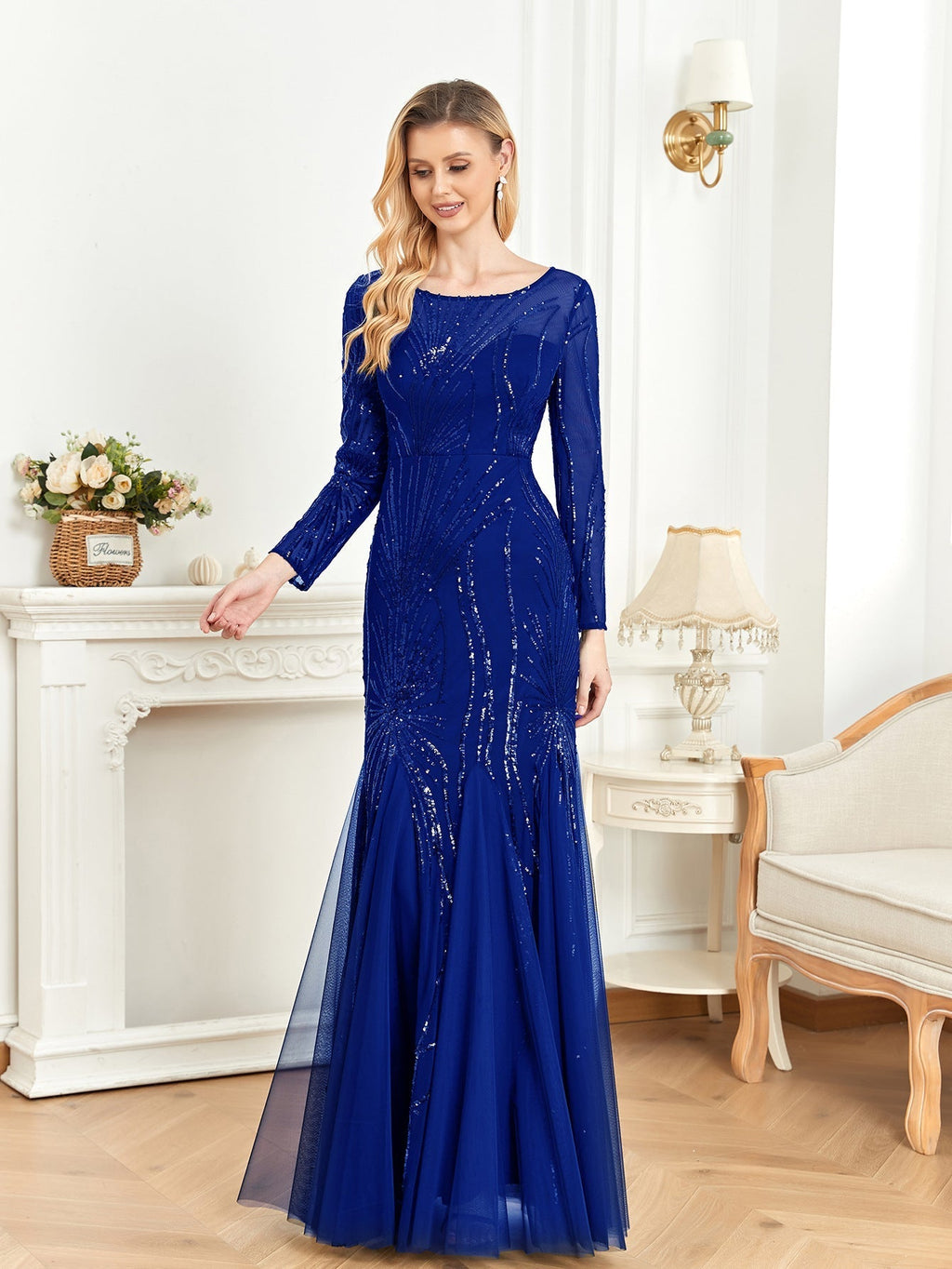 Dress Long Sleeve round Neck Slim Fit Fishtail Bridesmaid Cocktail Evening Dress for Toasting Elegant