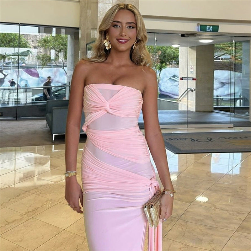 Twisted Backless Side Slit Tube Top Solid Color Dress