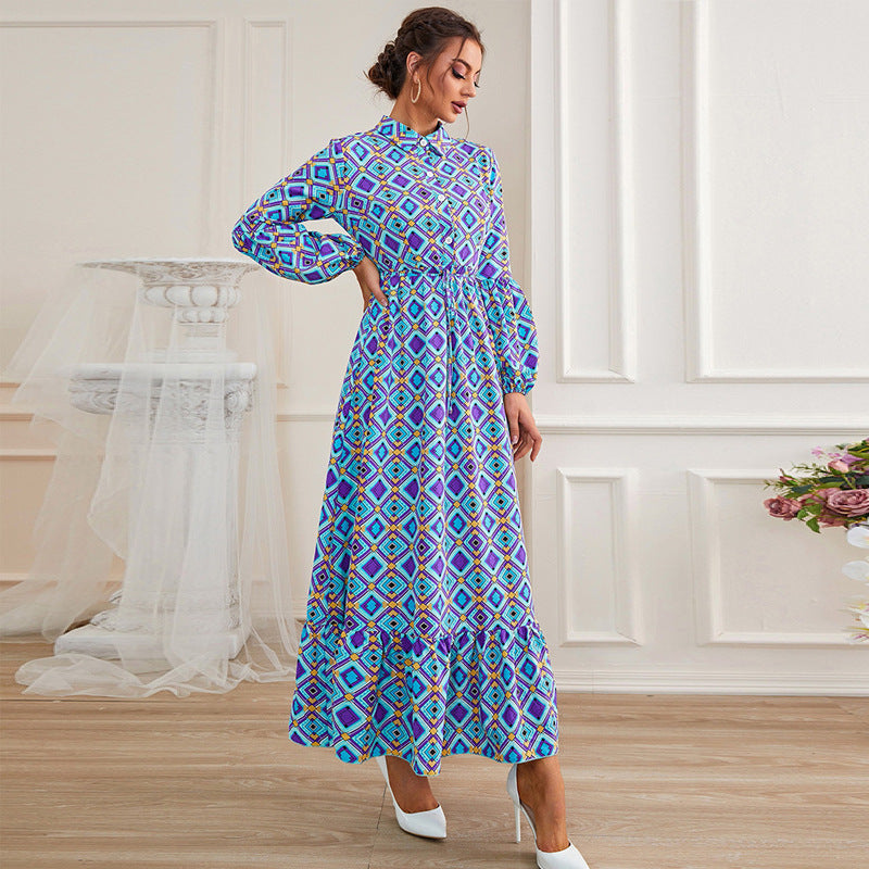 High Waist Blue Long Sleeve Dress Retro Waist Print A Line Dress