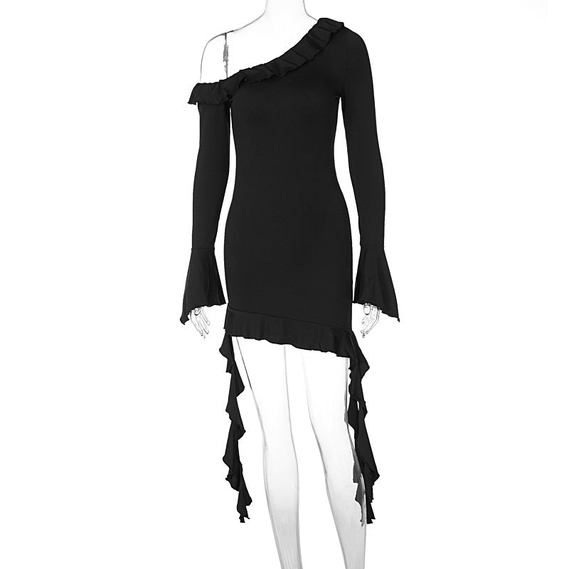 Short Sleeve Diagonal Collar Slim Fit Backless Ear Dress